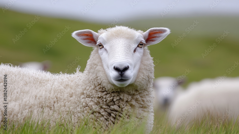 Fototapeta premium A close-up of a sheep in a grassy field, showcasing its woolly texture and gentle expression.