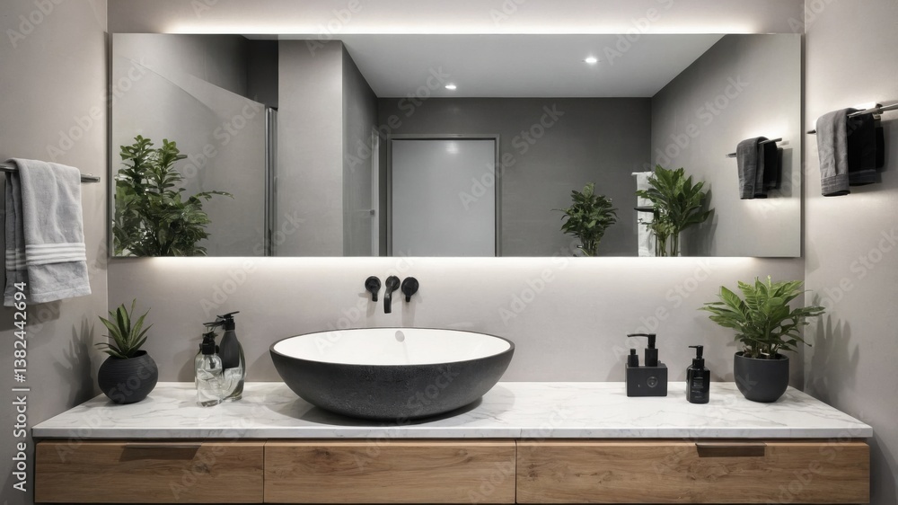 Sleek Modern Bathroom with Double Sinks and Spacious Mirror Sleek Modern Bathroom with Double Sinks and Spacious Mirror