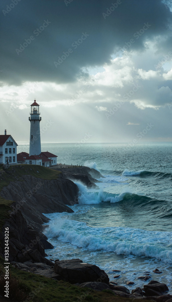 Fototapeta premium Dramatic lighthouse overlooking stormy sea with swirling waves, nature's power