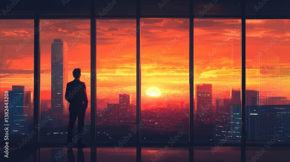 Fototapeta premium A silhouetted man looks out at a city sunset through large windows