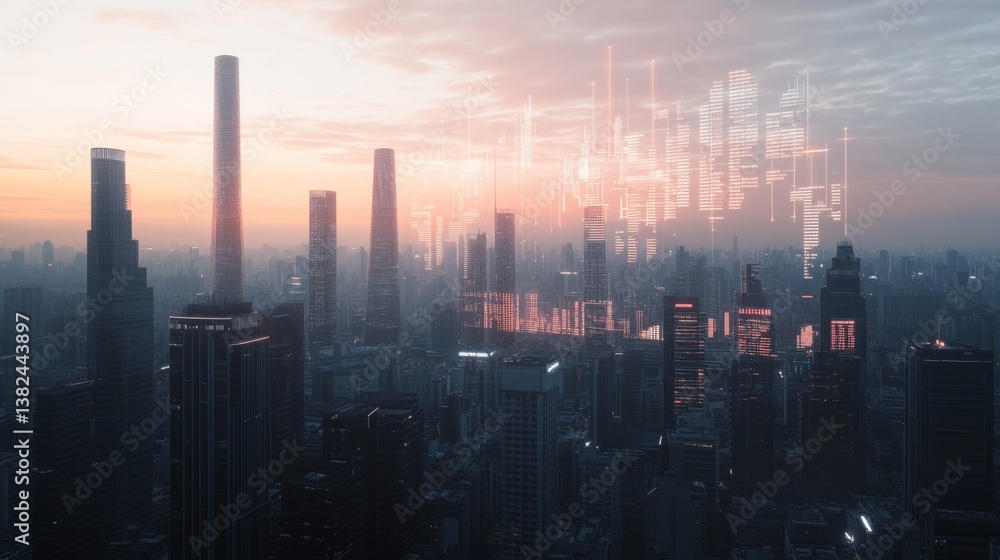 Fototapeta premium Futuristic Cityscape at Sunset with Digital Data Overlay Modern Architecture and Technology