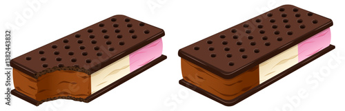Whole and Bitten Neapolitan Ice Cream Chocolate Sandwiches. Crunchy Creamy Dessert Vector Art
