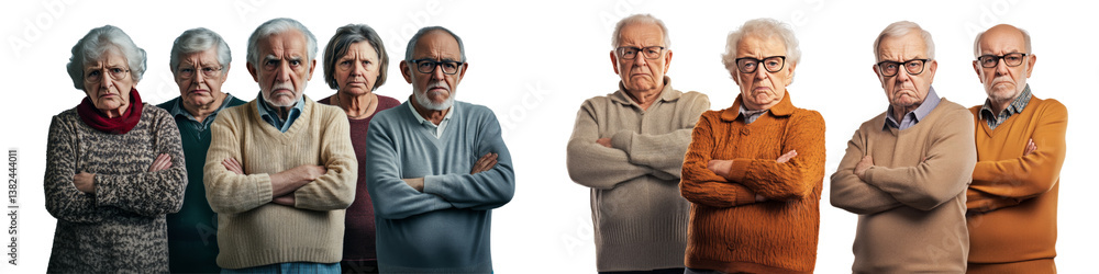 Photograph of angry older adults on a white background, The image depicts angry grandmothers and bald men with fists raised, resembling pixel art Photograph of angry older adults on a white background, The image depicts angry grandmothers and bald men with fists raised, resembling pixel art