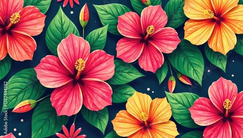 Wallpaper Mural Bold tropical hibiscus, vibrant repeating design, bold, nature, plant Torontodigital.ca