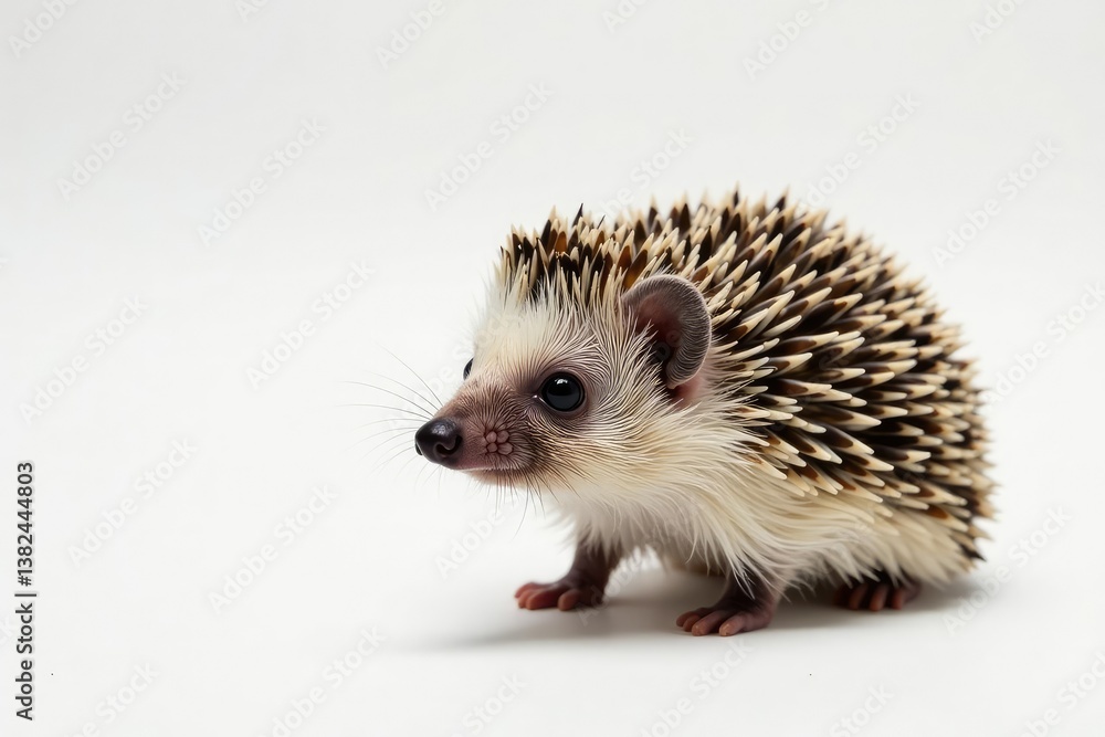 Obraz premium Close-up of a solitary hedgehog on a seamless white backdrop , animal photography, portrait, dark
