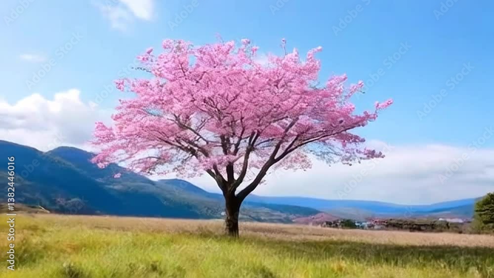 Blooming Pink Tree in Spring with Mountain Backdrop on Sunny Day Blooming Pink Tree in Spring with Mountain Backdrop on Sunny Day