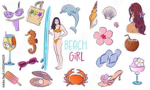 Summer vector illustration set, vector hand drawn beach vacation sticker, tropical ocean rest. 