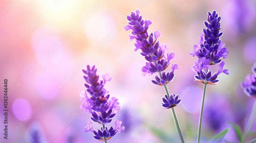 Naklejka premium A close-up of lavender flowers in soft focus, creating a serene and calming atmosphere.
