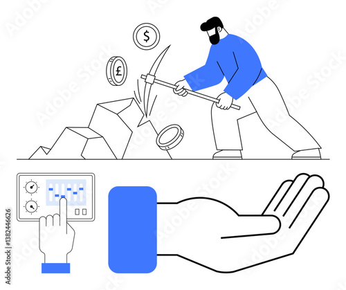 Person striking rocks with pickaxe, coins representing currencies, analytics dashboard, and open hand symbolizing support and financial flow. Ideal for finance, mining, economy, technology, analysis