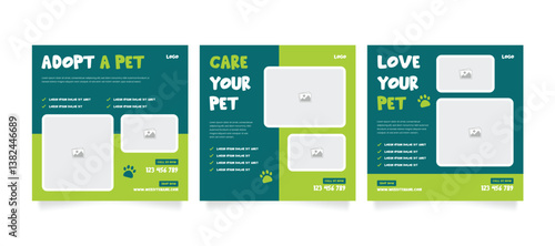 Set of pet care promotion banner social media pack template. Pet adoption social media post template. Pet shop social media carousel template. 