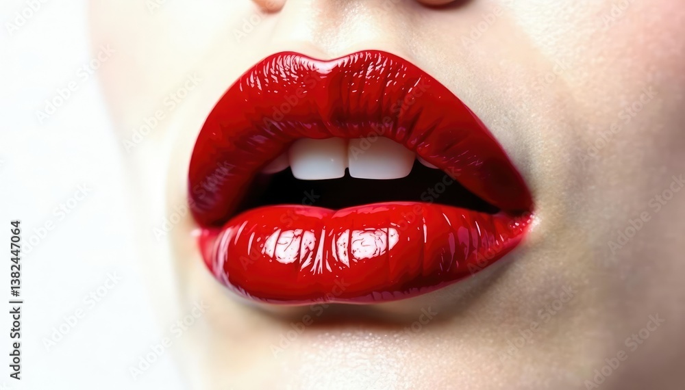 Obraz premium Highly saturated crimson lips set against stark white, matte, red lips, white background