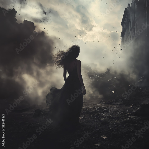 Silhouette of woman in dress walking through war-torn ruins