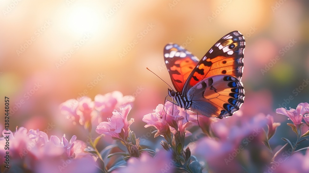 Obraz premium A vibrant butterfly resting on pink flowers amidst a sunlit garden, capturing the beauty of nature and the delicate balance of life.