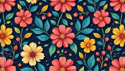 Intricate, flowing floral pattern; seamless repeat , meadow, graphic