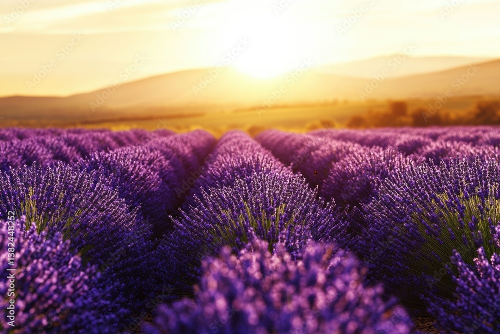 Obraz premium Vibrant lavender field bathed in the golden light of sunset, creating a serene and picturesque landscape.
