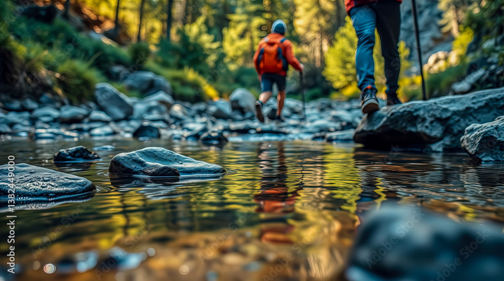 Fototapeta premium Two hikers wade through a crystal-clear, shallow stream surrounded by lush, green forest. The scene captures the essence of a revitalizing journey, inspiring tranquility.