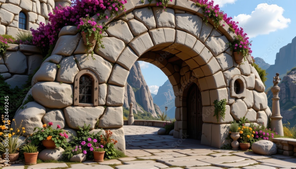 Fototapeta premium Stone Archway A whimsical stone archway or structure in a fantastical setting, inviting viewers into a magical world.