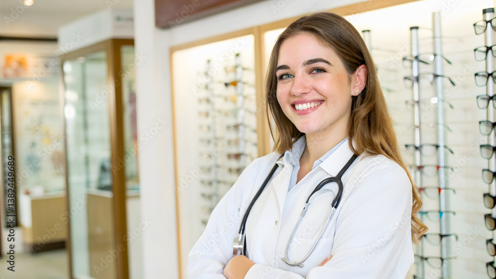 A confident optometrist with a warm smile, standing proudly in her well-lit practice amongst rows of eyeglasses, ready to help patients see clearly. A confident optometrist with a warm smile, standing proudly in her well-lit practice amongst rows of eyeglasses, ready to help patients see clearly.