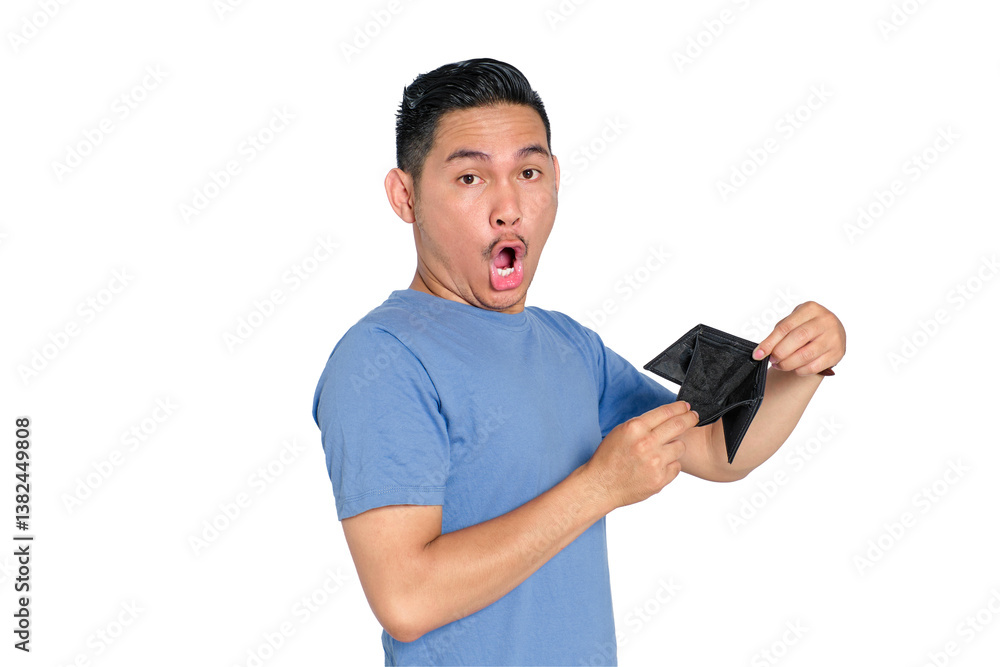 Surprised young Asian man showing empty black wallet with shocked expression, wearing blue t-shirt, isolated on transparent background Surprised young Asian man showing empty black wallet with shocked expression, wearing blue t-shirt, isolated on transparent background