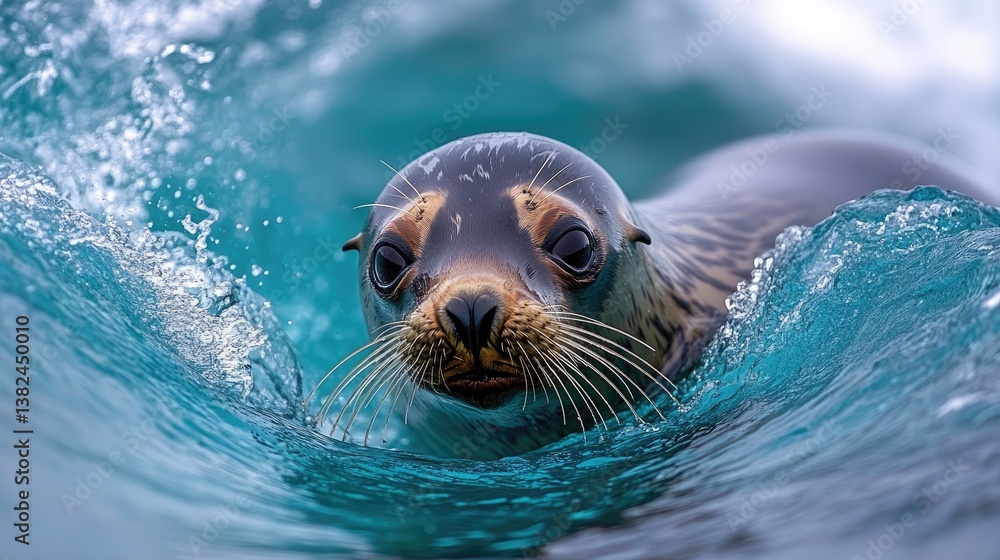 Fototapeta premium A playful seal swimming through crystal clear water, showcasing its playful nature and curiosity in a vibrant marine environment.