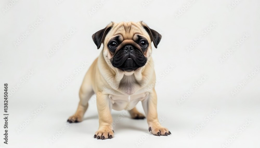 Single pug, facing forward, on pure white backdrop Close-up view , photography, isolated Single pug, facing forward, on pure white backdrop Close-up view , photography, isolated