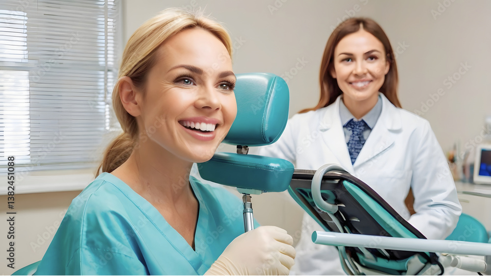 Obraz premium A confident young woman smiles brightly during a dental checkup, feeling relaxed and at ease in the dentist's chair with soft lighting and a calm atmosphere.