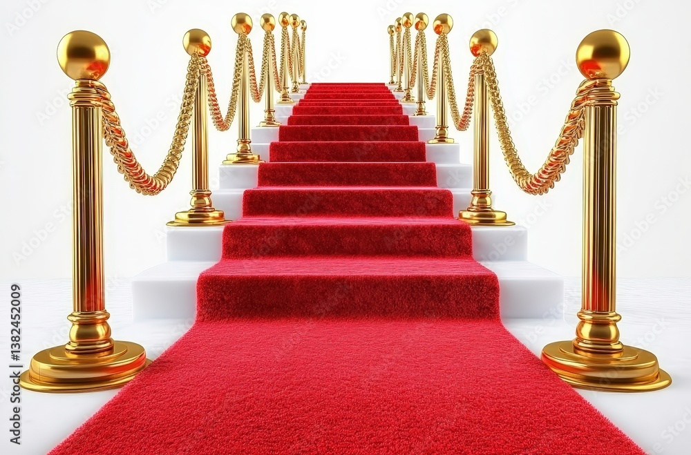 Red Carpet Entrance with Golden Railings White Background Red Carpet Entrance with Golden Railings White Background