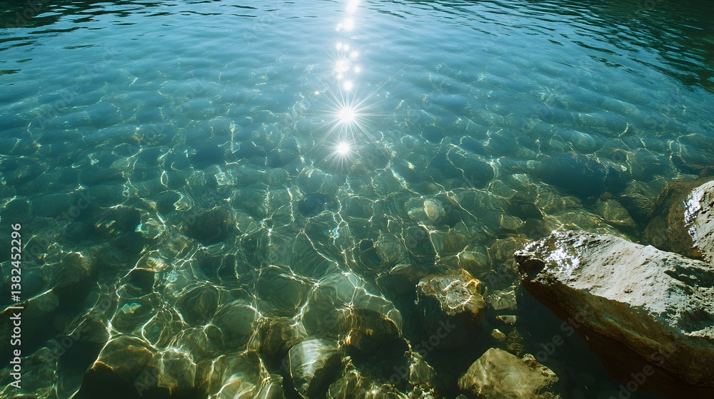 Obraz premium Crystal-clear lake water reflecting sunlight on rocks