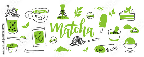 Japanese matcha tea ceremony set. Green tea powder, teapot, whisk, spoon, latte, sweets, ice cream, cake, macarons, and bubble tea. Vector doodle illustration.