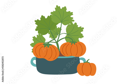Pumpkin bush in flower pot isolated on white background. Gardening and harvest concept. Vector hand drawn clipart.