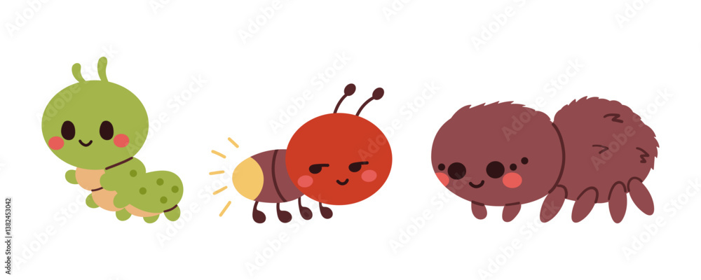 Naklejka premium Cartoon insect characters. Children cute bug funny insects mascot, happy beetle garden set, swanky vector illustration original artwork , hand drawn illustration isolate on white.
