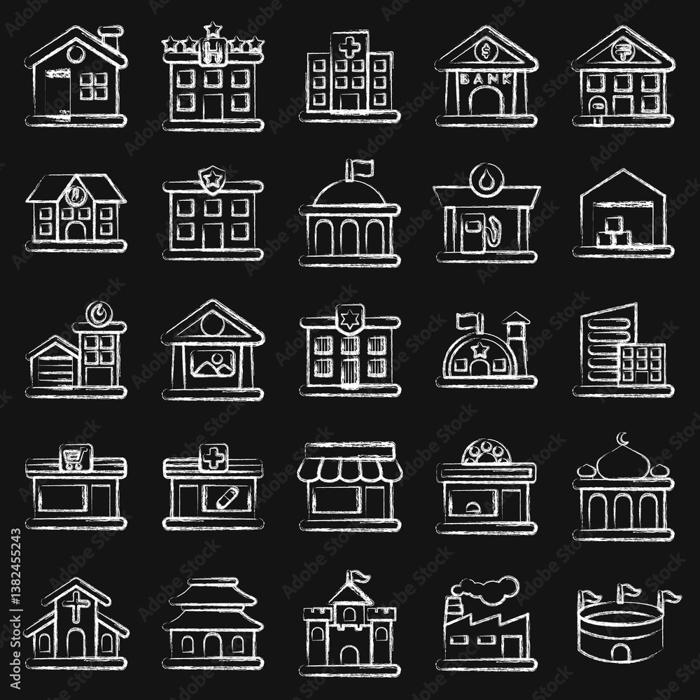 Icon set of building. Building elements. Icons in chalk style. Good for prints, web, posters, logo, site plan, map, infographics, etc. Icon set of building. Building elements. Icons in chalk style. Good for prints, web, posters, logo, site plan, map, infographics, etc.