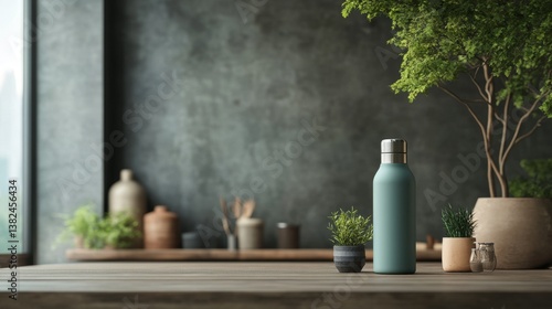 Stylish Teal Water Bottle on Wooden Tabletop with Plants and Blurred Kitchen Background