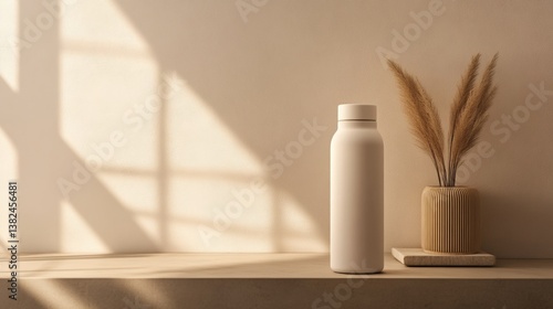Beige Water Bottle Mockup on Wooden Shelf with Pampas Grass Minimalist Home Decor Still Life