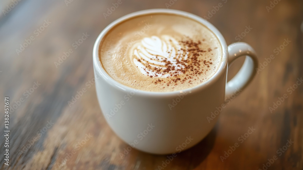 Obraz premium A creamy latte topped with cocoa powder in a white cup on a wooden table.
