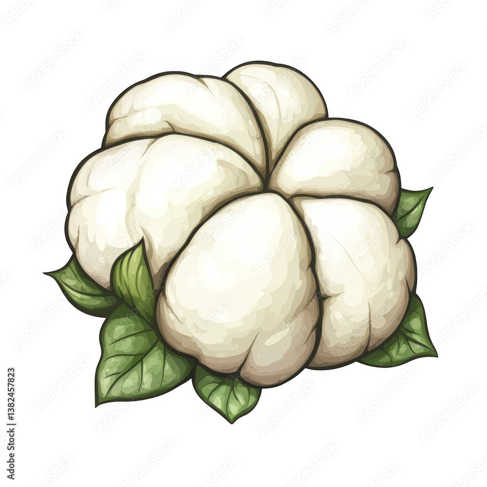 Obraz premium Illustration of a cotton boll with white fibers and green leaves on a black background art style