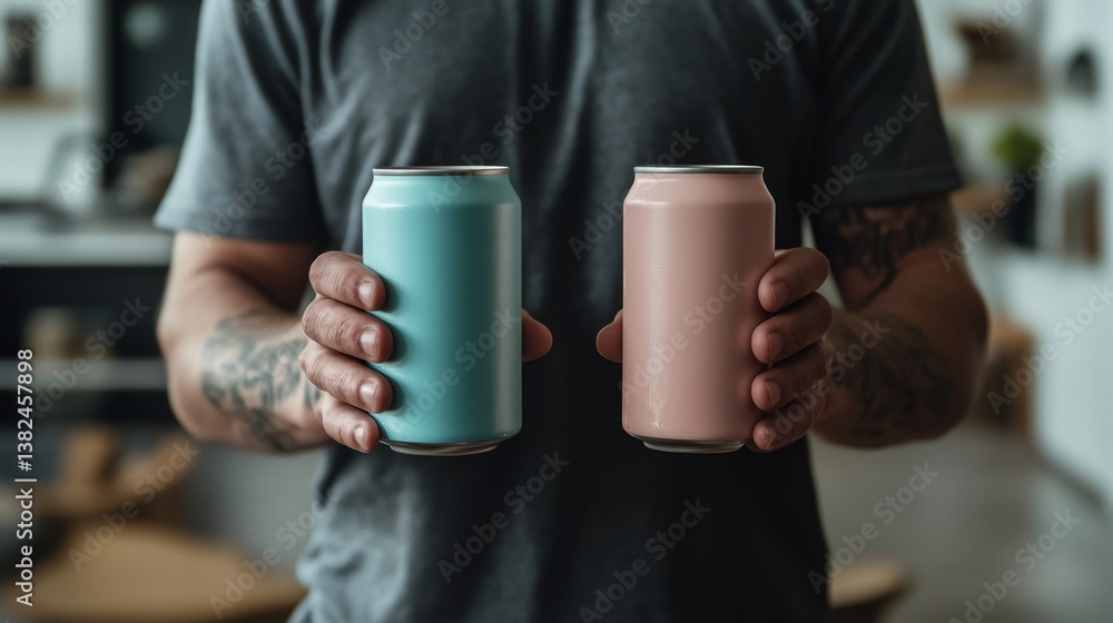 Man s Hands Holding Two Pastel Colored Aluminum Cans Refreshing Drinks Man s Hands Holding Two Pastel Colored Aluminum Cans Refreshing Drinks