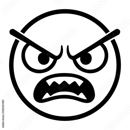 Angry Face Emoticon Icon with Furious Expression in Black Outline