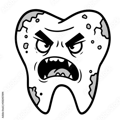 Angry Decayed Tooth Cartoon with Cavities and Sharp Fangs