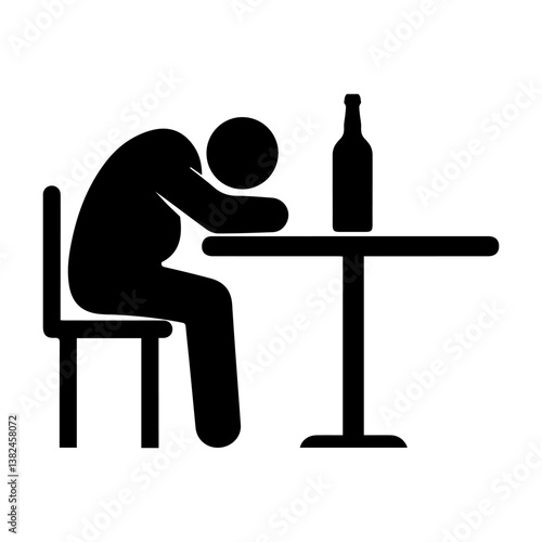 Drunk Man Sleeping at Table with Bottle, Alcohol Abuse Icon