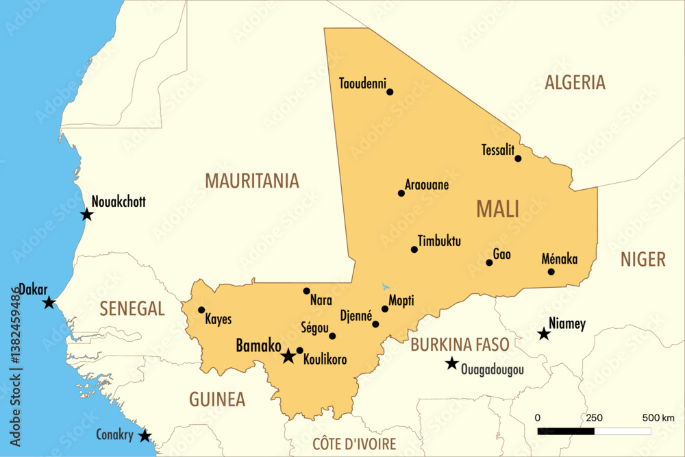 Obraz premium Vector Map of Mali with Major Cities and Neighboring Countries – Editable Illustration
