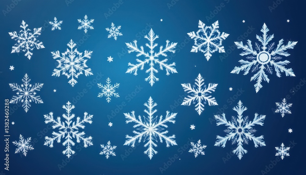 Snowflakes A detailed illustration of various snowflake designs against a deep blue background, highlighting their unique shapes. Snowflakes A detailed illustration of various snowflake designs against a deep blue background, highlighting their unique shapes.