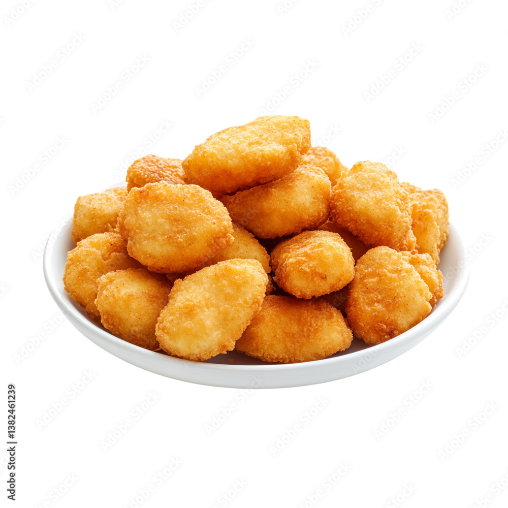 Crispy golden chicken nuggets piled high on white plate, perfect for sharing Crispy golden chicken nuggets piled high on white plate, perfect for sharing
