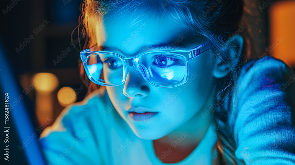 A kid girl learns online using futuristic technology. The concept of the integration of advanced digital tools in education, and learning experiences for the future generation. Generative AI. A kid girl learns online using futuristic technology. The concept of the integration of advanced digital tools in education, and learning experiences for the future generation. Generative AI.