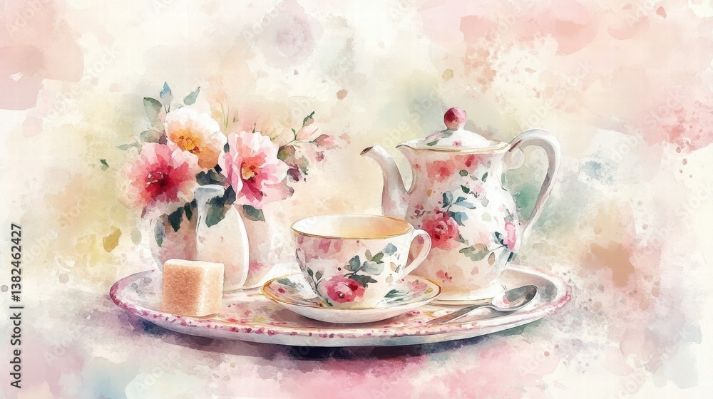Watercolor illustration of British afternoon tea,tea break in the English style,tea set with Afternoon tea stand with macaroons and scone,cake,cup of tea,Tea time dessert table,vintage style. Watercolor illustration of British afternoon tea,tea break in the English style,tea set with Afternoon tea stand with macaroons and scone,cake,cup of tea,Tea time dessert table,vintage style.