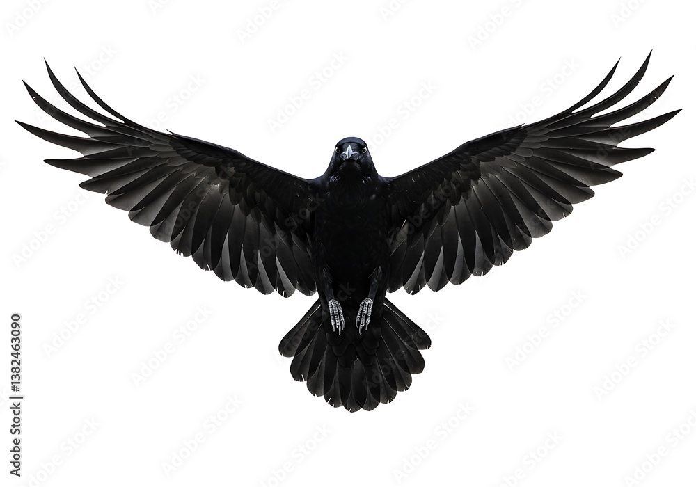 Obraz premium A Powerful Raven in Flight Against a White Background