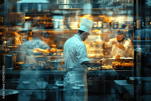 Fototapeta Naklejka Na Ścianę i Meble -  Professional chefs working in a high-end restaurant kitchen with steam rising from cooking pots, showcasing culinary excellence, teamwork, and modern gastronomy in action.