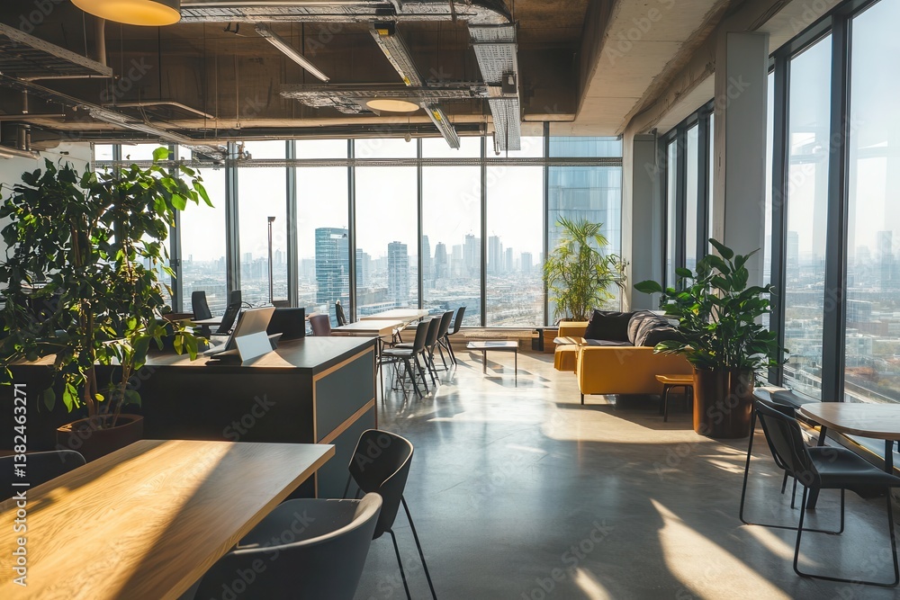 Fototapeta premium Modern office interior with city view and plants