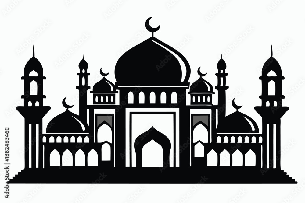 Detailed Mosque Silhouette with Domes, Arches and Minarets on White Background Detailed Mosque Silhouette with Domes, Arches and Minarets on White Background