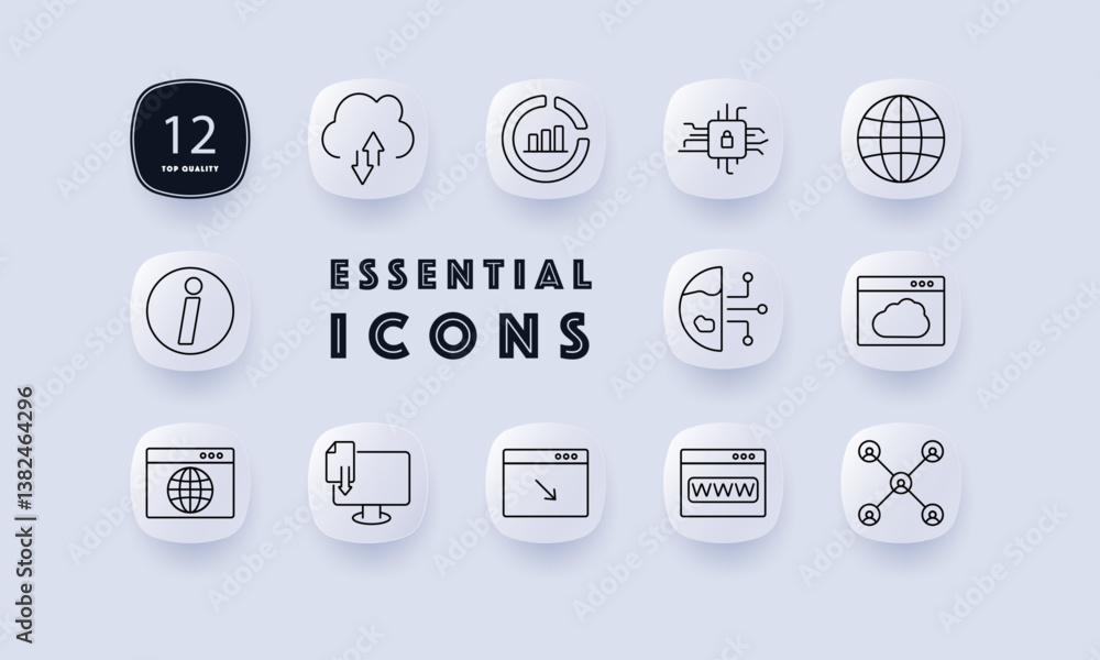 Fototapeta premium Technology set icon. Cloud, chart, chip, earth, info, digital split, browser, connection, upload, monitor, download, network, security, screen, www, interface, global tech, data access